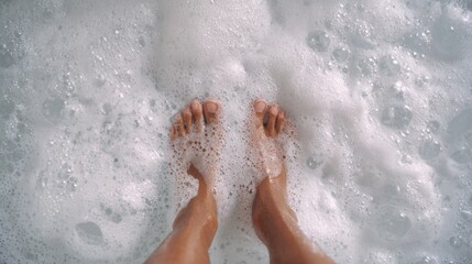 Fototapeta premium A high-angle close-up shows bare feet submerged in a thick layer of white, bubbly foam, possibly from a bath or ocean waves