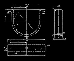 Cardan shaft support bracket of truck.
Engineering automotive assembly mechanical drawing of steel 
device on paper sheet. Industrial cad scheme. 
Technology design of machine building industry.