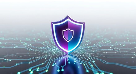 Digital shield protecting glowing circuit board with futuristic technology and data flow