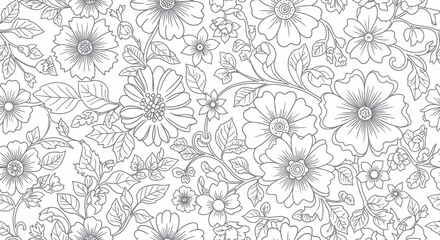 Obraz premium Floral seamless pattern with flowers and leaves, sketched in gray