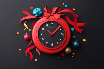A festive clock adorned with ribbons and ornaments, symbolizing time and celebration. The clock face shows a time against a dark backdrop, evoking anticipation and festivity
