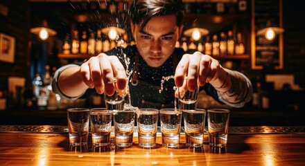 Professional bartender pouring shots with a dynamic splash on counter