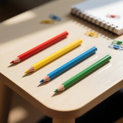 Obraz premium Primary Colored Pencils and Notebook on Wooden Desk in Sunlight