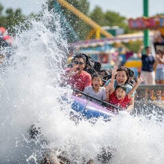 Excited Asian family getting splashed on a water ride at a theme park