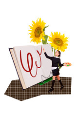 Vertical photo collage of happy artist girl hold palette paintbrush art subject school lesson education isolated on painted background