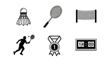 Collection of badminton equipment and symbols for sport and competition