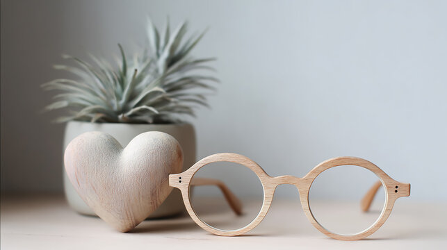 Pastel minimalist still life composition featuring wooden eyeglasses and a heart-shaped plant, soft natural lighting, clean simple background