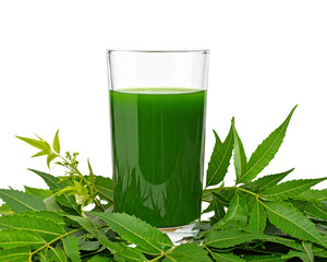 Glass of fresh neem juice with neem leaves on white background, natural herbal detox and immunity booster drink