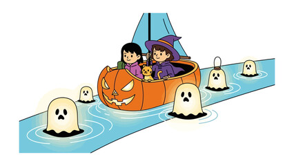 Spooky Halloween Ride: Two children embark on a whimsical Halloween adventure, sailing in a carved pumpkin boat through a river of ghostly spirits.