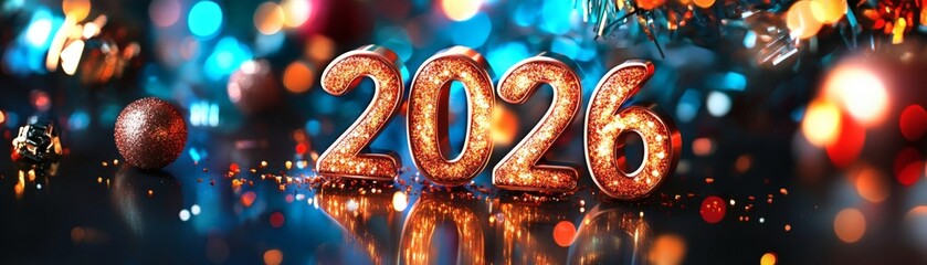 A festive display of the year 2026 spelled out in gold balloons, set against a blurred background of holiday lights and ornaments