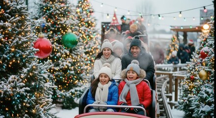 Naklejka premium Happy family on a roller coaster at a winter Christmas market