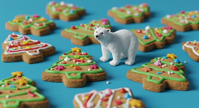 A small white polar bear figurine stands among colorful Christmas tree-shaped gingerbread cookies decorated with icing and sprinkles on a blue background.