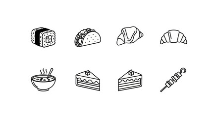 A collection of diverse, simple line art icons representing various popular foods from around the world.