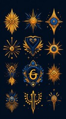 Intricate golden ornaments against a navy blue background, displaying a variety of abstract designs. The collection showcases detailed craftsmanship and elegance