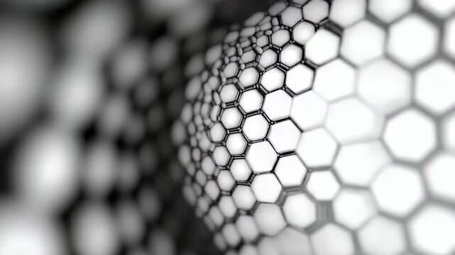 Close-up of white hexagons with dark gray borders receding into blurred background, depth of field effect