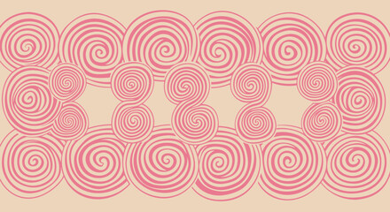 Pink spirals create a border, arranged top, bottom, and middle. Beige background