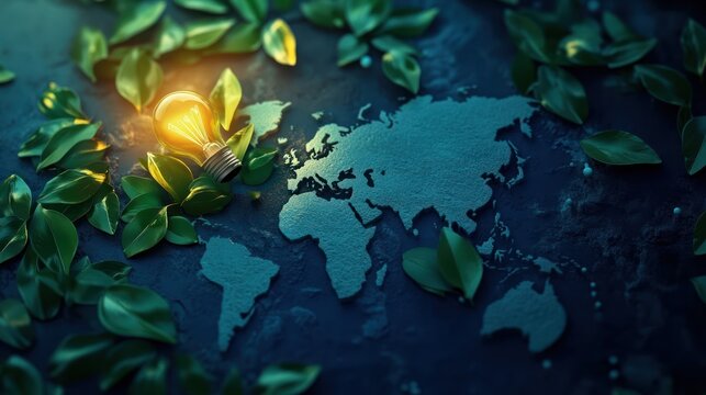 Illuminated lightbulb and green leaves over world map representing ecology