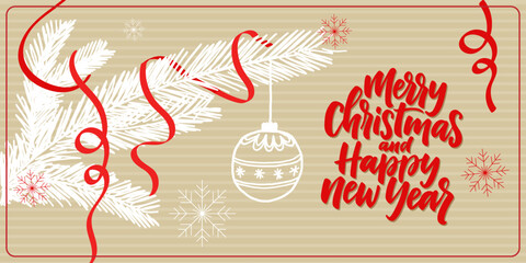 merry christmas card with hanging ball decoration. Merry Christmas cards set with hand drawn elements. Doodles and sketches vector Christmas illustrations
