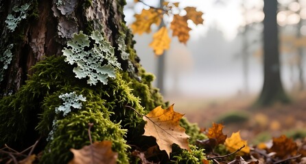 Autumn forest with moss and lichen on tree