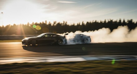 Dynamic Car Drifting with Smoke Trail at Sunset