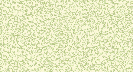 Repeating pattern of green vines with small leaves on a creamy background, filling the frame. © AJI T