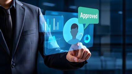 Businessman interacting with futuristic holographic financial data display