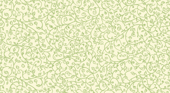 Repeating pattern of green vines with small leaves on a creamy background, filling the frame.