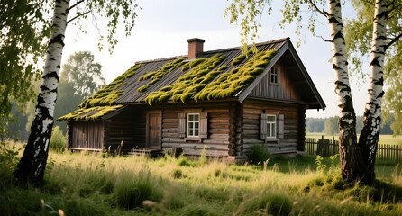 Old countryside house with moss roof in Latvia