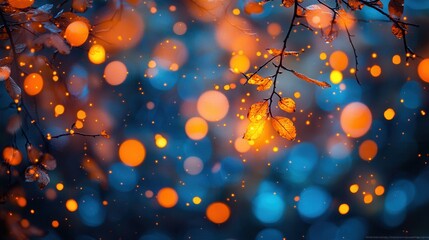 A blurry image of a leafy tree with orange leaves and blue sky. The image has a dreamy, ethereal quality to it, with the orange leaves and blue sky creating a sense of calm and tranquility