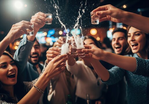 Group of happy friends toasting with splashing shots in a bar