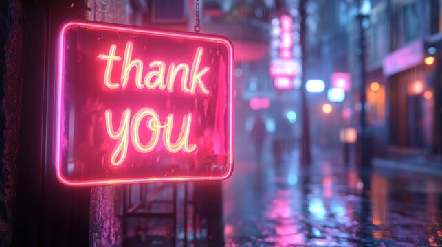 Neon thank you sign hanging in a city street with blurred lights and reflections at night time scene