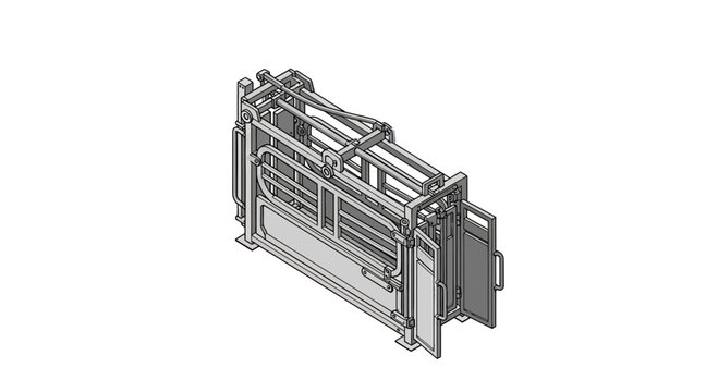 Isometric illustration of a livestock squeeze chute for animal handling