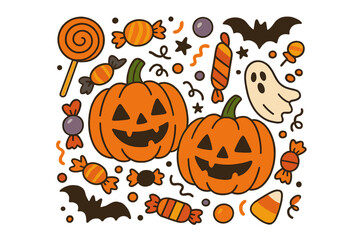 Fototapeta premium Cute Halloween vector set with jack-o'-lantern pumpkins, candy, bats, and a ghost. Cartoon illustration collection for holiday party design, trick or treat, and spooky fun.