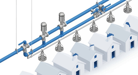 Isometric illustration of water pipes providing water to suburban houses