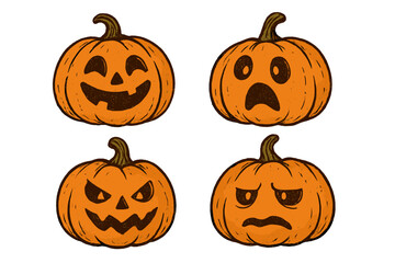 Set of Halloween pumpkin illustrations with various emotions. Jack O' Lantern faces. Happy, sad, angry, scared. Hand-drawn vintage style vector illustration collection.