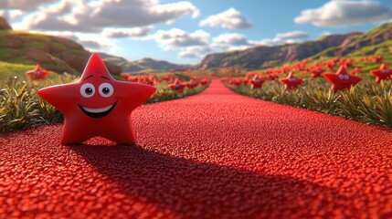 A red star with a smiley face is standing on a red carpet. The scene is set in a field with many other red stars scattered around. Scene is cheerful and playful, as the star is smiling