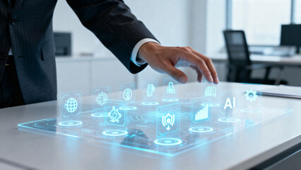 BusinessmanInteractingWithHolographicTech