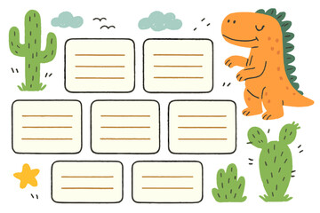 Kids weekly planner with cute dinosaur. Childish schedule design template. Organizer timetable with dino and cactus in doodle style. Vector cartoon printable to do list note.