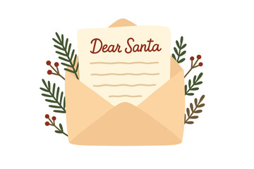 Christmas letter to Santa Claus in open envelope. Festive xmas mail decorated with fir branches. Holiday greeting card with wish list. Dear Santa lettering. Vector concept.