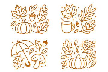 Autumn fall season vector collection. Hand drawn linear doodle icon set. Pumpkin, leaf, acorn, mushroom, cozy drink. Template for poster, greeting card, invitation design.