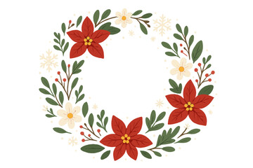 Christmas wreath with poinsettia flowers, winter berries, and leaves. Festive floral frame for holiday greeting cards. Vector cartoon illustration with snowflakes for seasonal design.