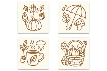 Set of 4 autumn line art concepts. Fall season vector illustration collection for greeting cards or posters. Includes pumpkin, cozy drink, rain umbrella, and harvest basket.