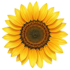 Detailed sunflower illustration with textured petals and dark brown seed head isolated on white background