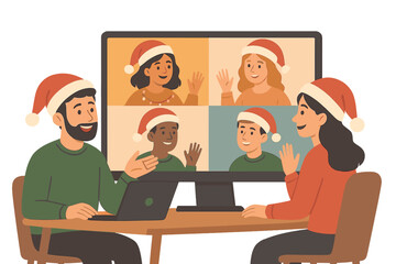 Christmas party video call. People in Santa hats celebrating online. Virtual team meeting and family chat during winter holidays. Remote web communication concept. Vector.