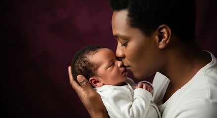 Loving Black father tenderly kisses his newborn babys forehead.