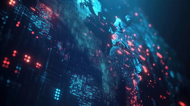 Digital world map with data points glowing networks and technology