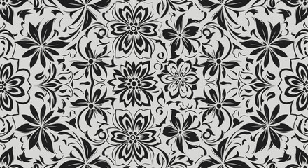 Floral pattern black blooms on light gray ground, repeat design
