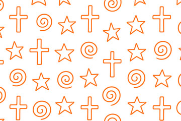 Hand drawn seamless vector pattern with doodle cross, star, and spiral shapes. Abstract geometric background. Simple linear sketch texture for fabric or Halloween decor.
