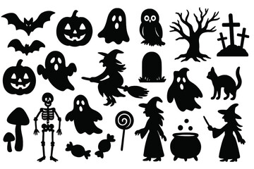 Halloween black silhouettes vector set. Spooky icons collection. Witch, ghost, bat, skeleton, cat, pumpkin. Jack o'lantern, haunted tree, tombstone, cauldron, candy, owl.