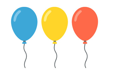 Three colorful balloons vector illustration set. Flat cartoon style design elements for party, birthday, or holiday celebration. Blue, yellow, red isolated helium balloon icons.